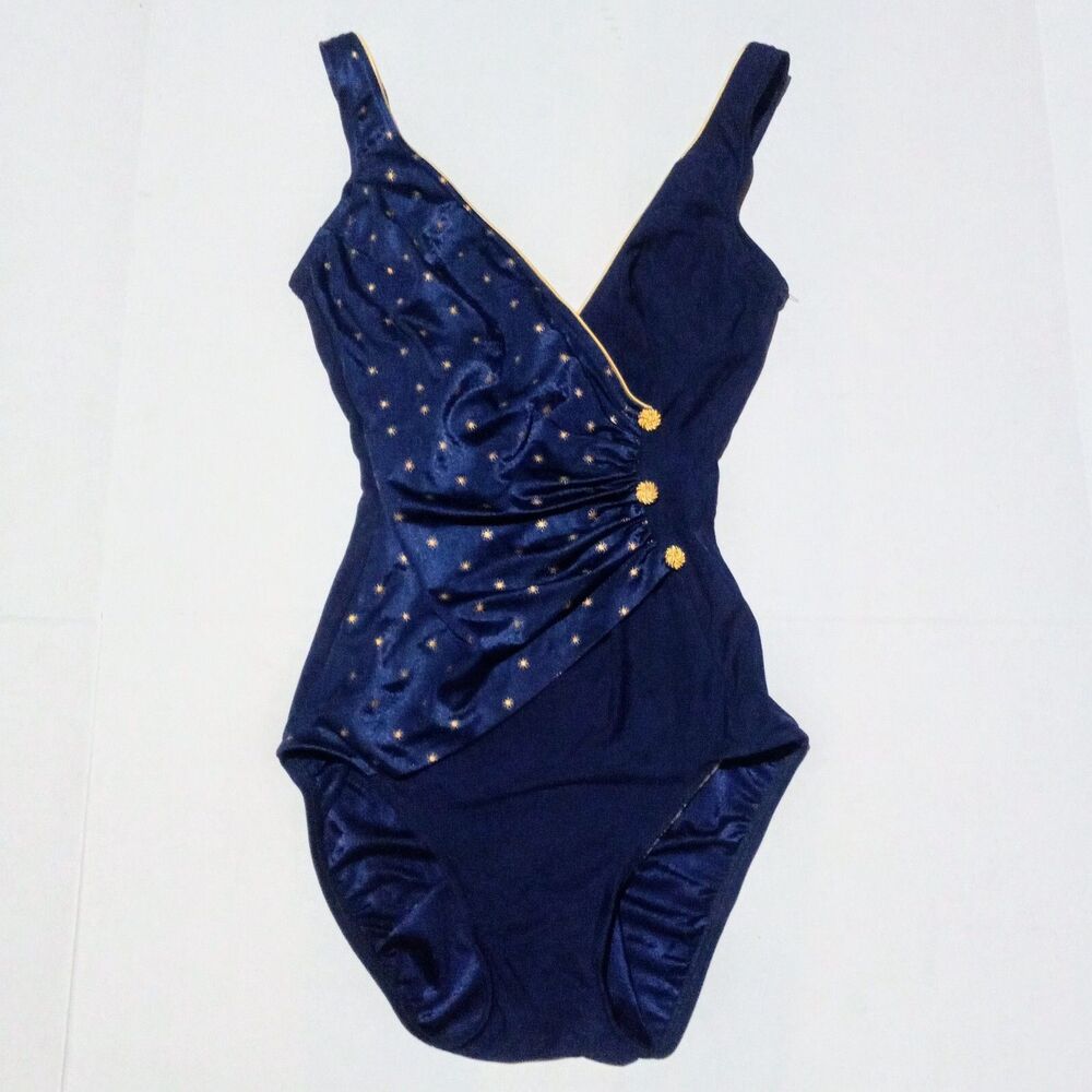 Longitude One Piece Swimsuit-Size 8 Tall-Shelf Bra-Gold Buttons-Stars-Union Made